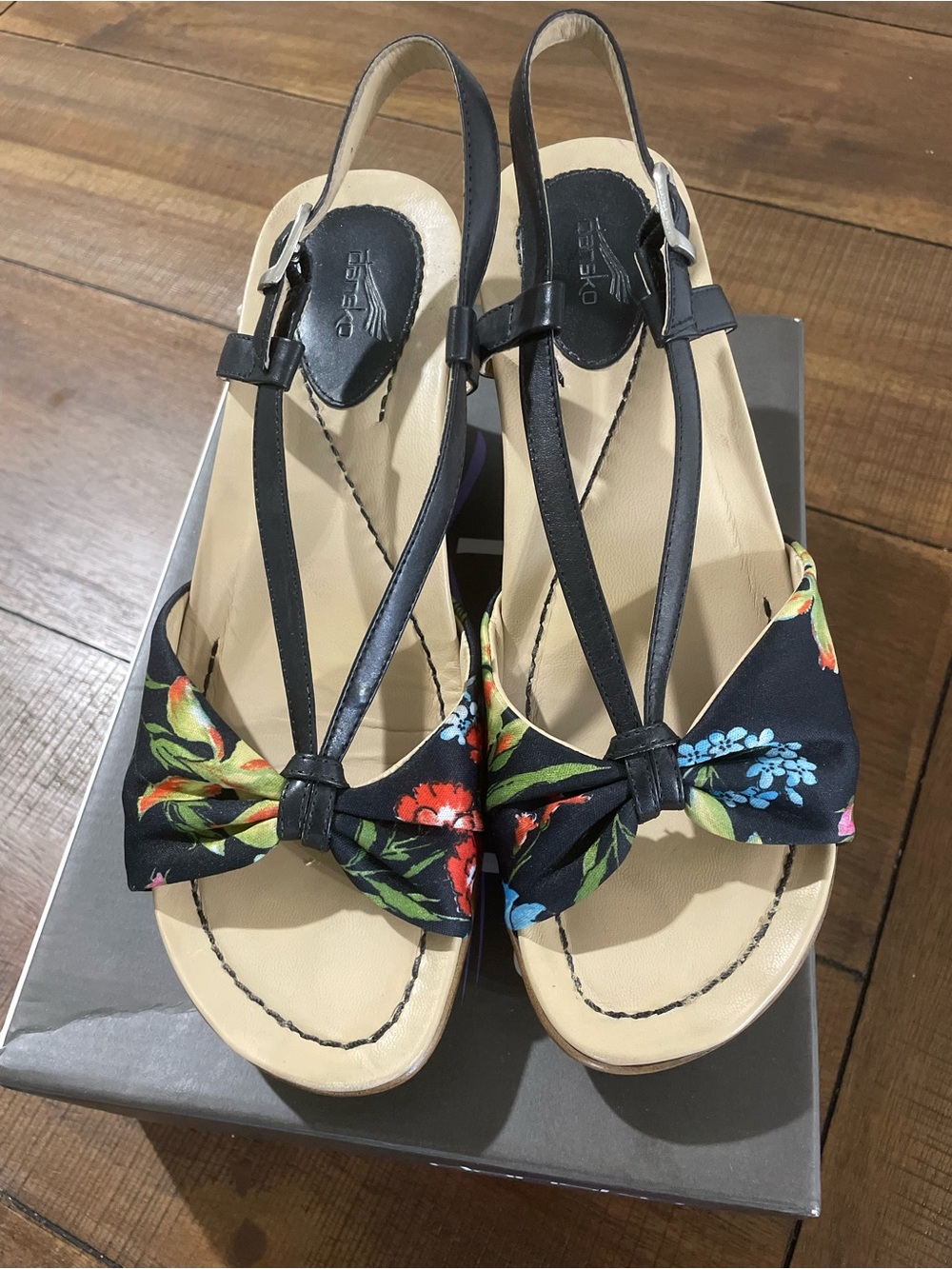 Dansko Black Floral Heels With Wedge